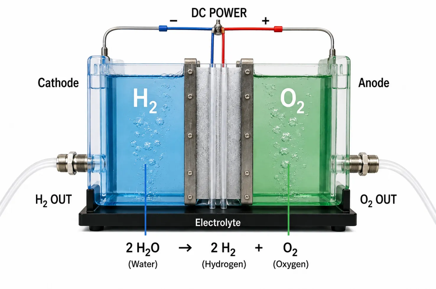 Diagrama conceitual do princípio de geração eletroquímica do HECO GGH — quebra da molécula da água em H₂ e O₂