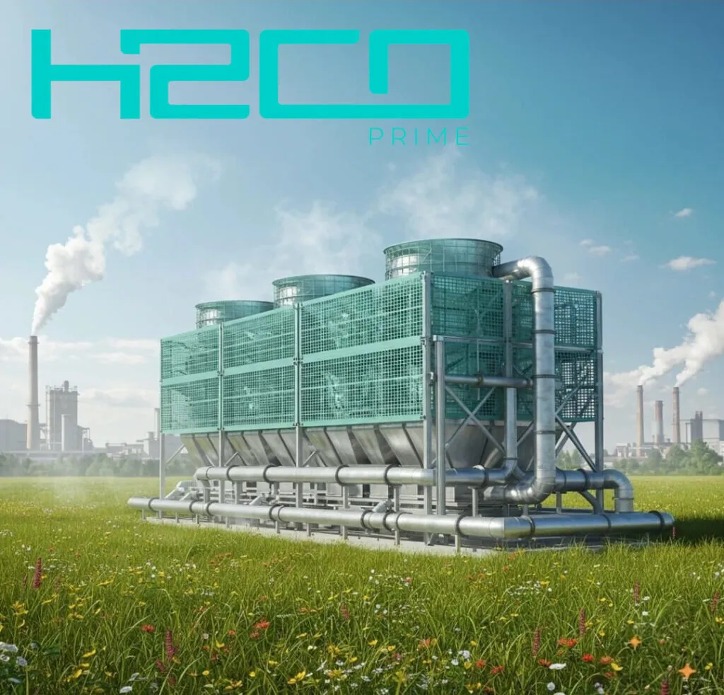 Planta industrial da HECO Prime em campo verde, substituindo emissões por energia limpa